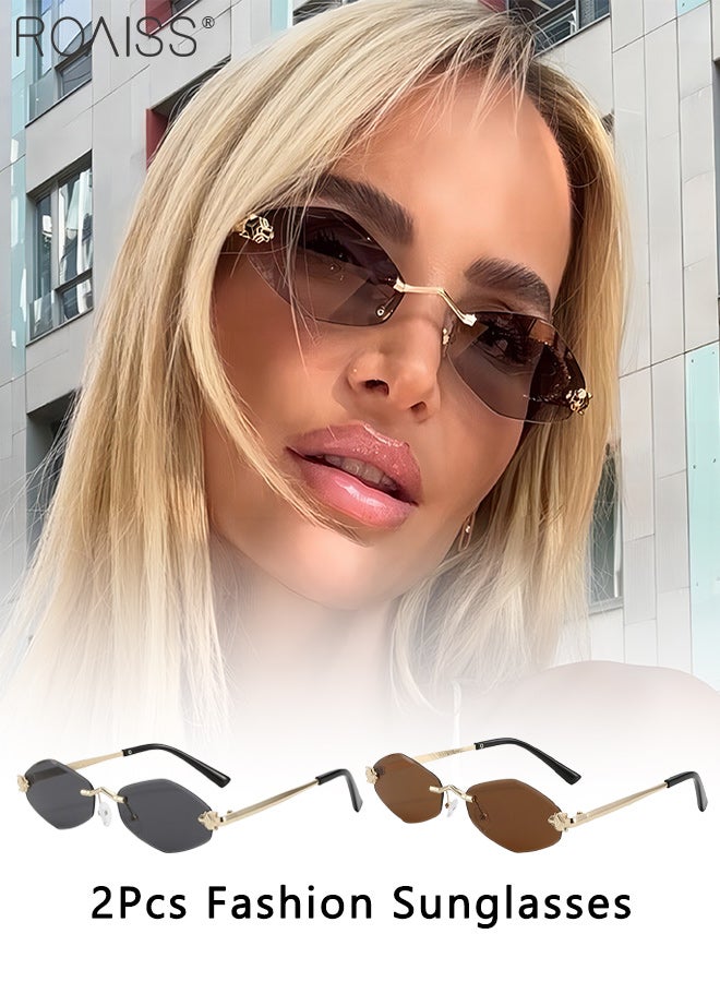 roaiss 2 Pcs Stylish Frameless Sunglasses for Women, Retro Alloy Hexagonal Sun Glasses, Fashionable Anti-glare Shades, Outdoor Street Style Sun Protection Sunglasses - Image 1